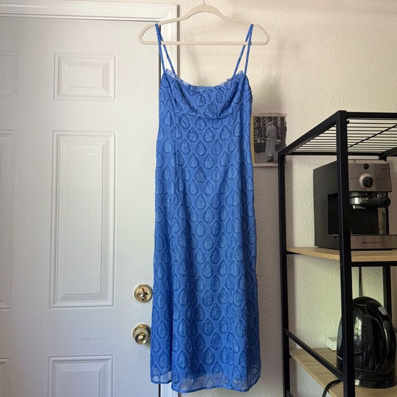 REFORMATION blue drop print ruffle spaghetti strap slip sleeveless midi dress - Picture 1 of 7